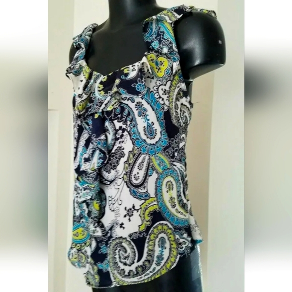 Liz Claiborne Black Blue Ruffle Paisley Cap Sleev Casual Dress Blouse Sz 6 Small - Picture 2 of 11